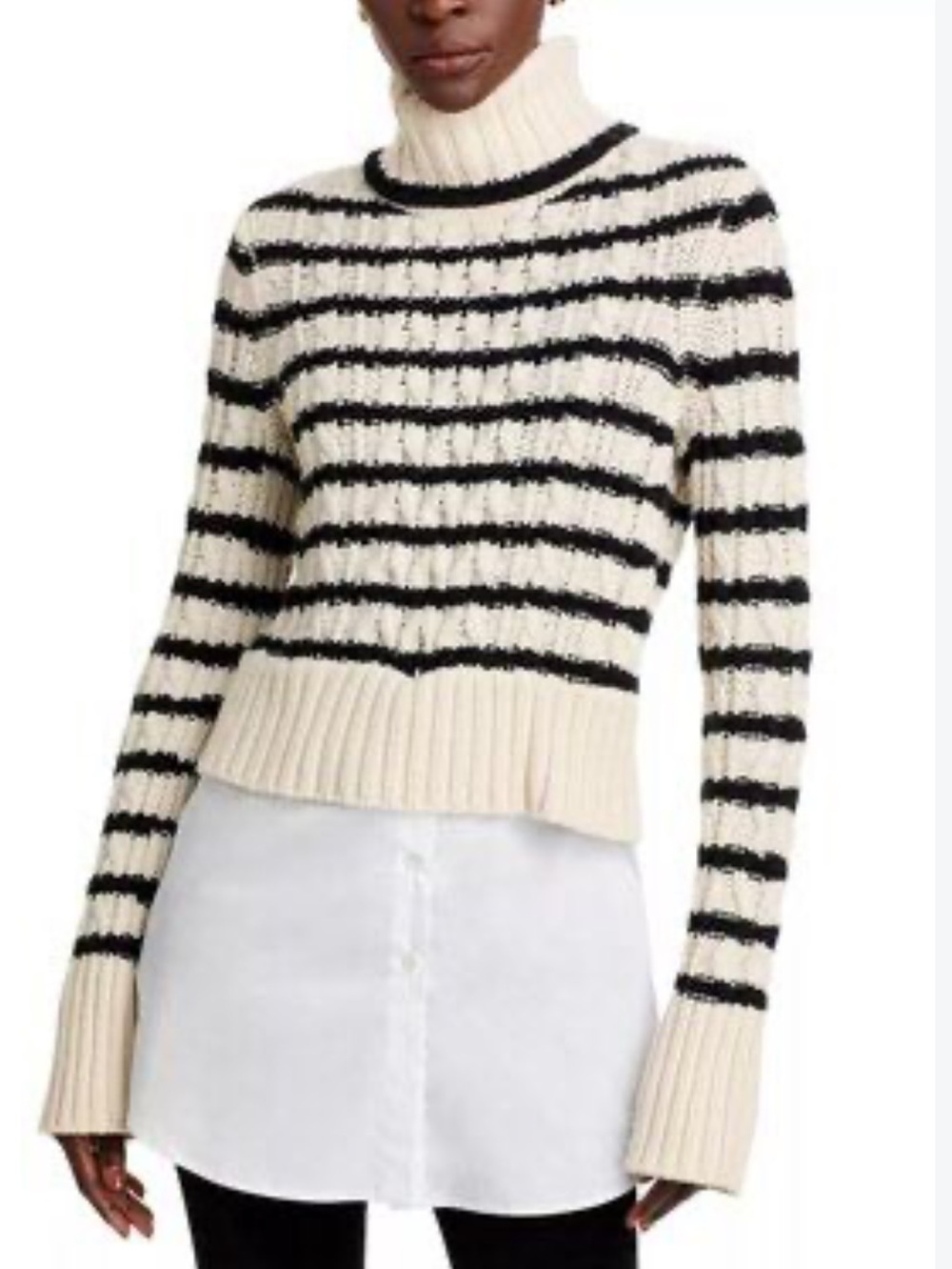 Veronica Beard Wool Cream and Black Striped Turtleneck Sweater